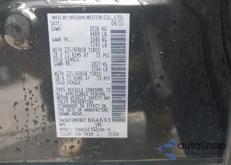 2015 Nissan Rogue Sl from USA, damaged, VIN 5N1AT2MT8FC864633